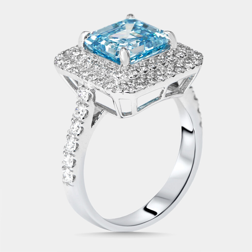 3.9 cts Vivid Blue Asscher, Round Lab Grown Diamonds 18k White Gold Ring Size 52