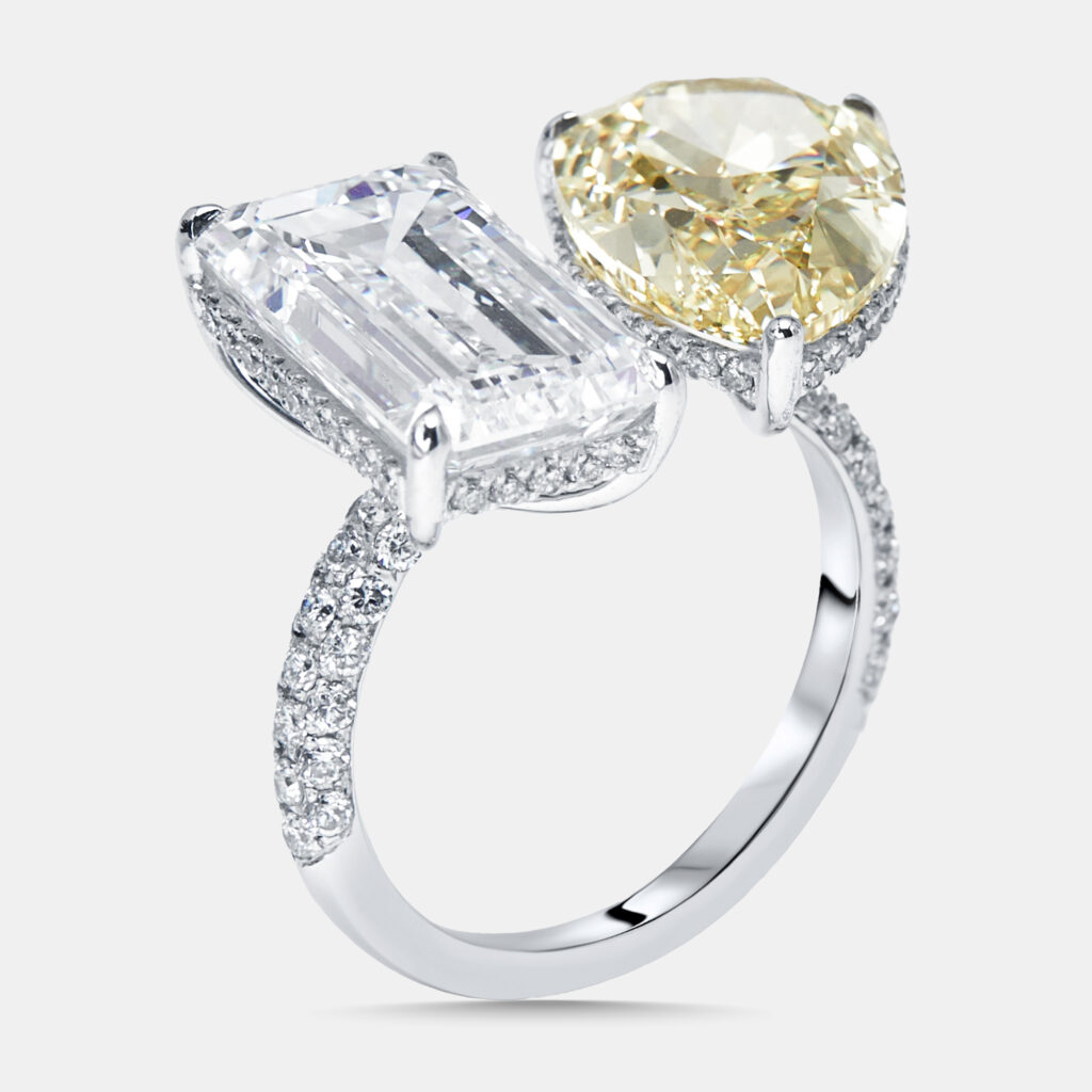 12.8 cts Fancy Yellow Pear, Emerald Cut, Round Lab Grown Diamonds 18k White Gold Ring Size 52 12.8 cts Fancy Yellow Pear, Emerald Cut, Round Lab Grown Diamonds 18k White Gold Ring Size 52