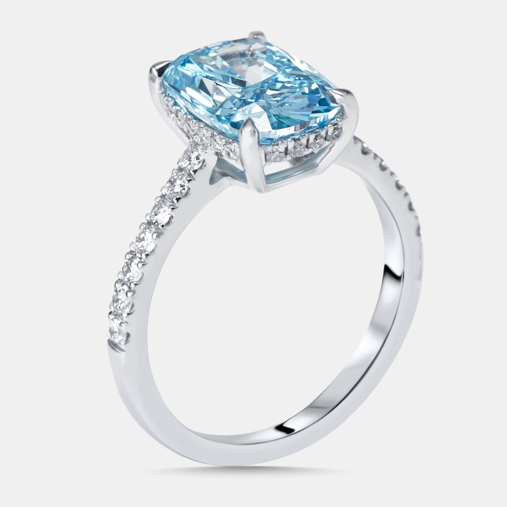 3.4 cts Vivid Blue Radiant, Round Lab Grown Diamonds 18k White Gold Ring Size 52 3.4 cts Vivid Blue Radiant, Round Lab Grown Diamonds 18k White Gold Ring Size 52