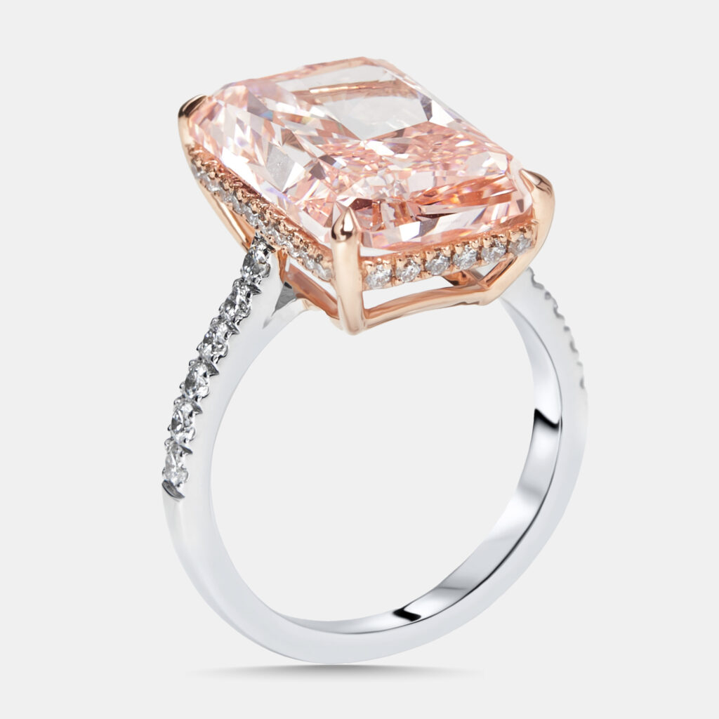 10.5 cts Pink Radiant, Round Lab Grown Diamonds 18k Two Tone Gold Ring Size 52 10.5 cts Pink Radiant, Round Lab Grown Diamonds 18k Two Tone Gold Ring Size 52