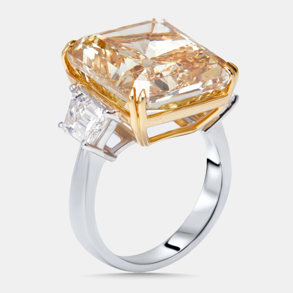 20.86 cts Yellow Radiant, Trapazoid Lab Grown Diamonds 18k Two Tone Gold Ring Size 55