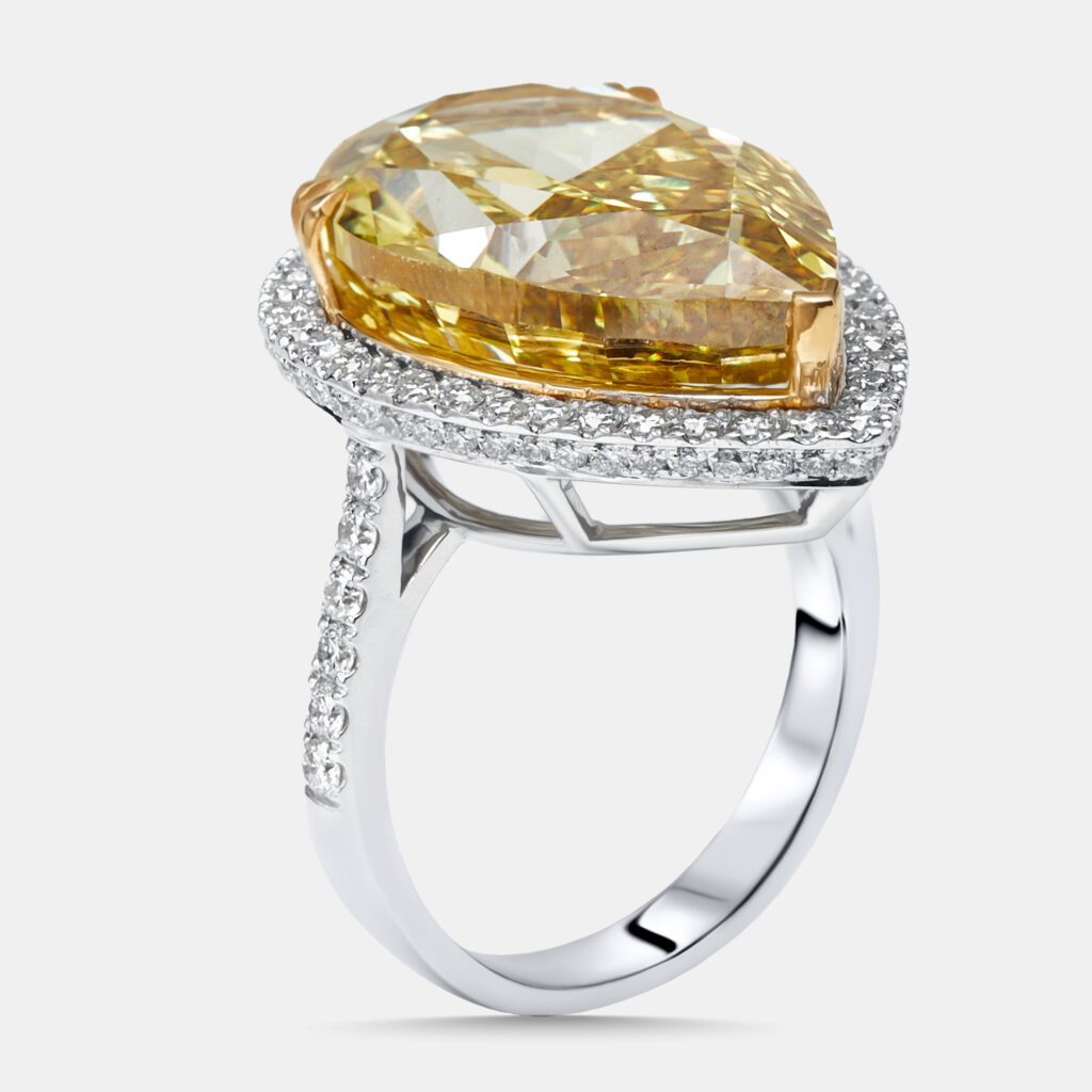 16.5 cts Fancy Yellow Pear, Round Lab Grown Diamonds 18k Two Tone Gold Ring Size 55
