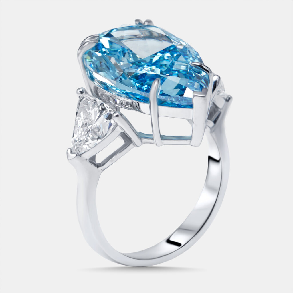 13.3 cts Vivid Blue Pear, Trillion Lab Grown Diamonds 18k White Gold Ring Size 55
