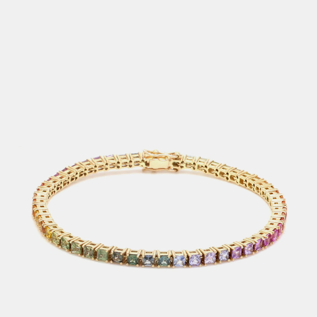 16 cts Rainbow Princess Cut Gemstones 18k Yellow Gold Tennis Bracelet
