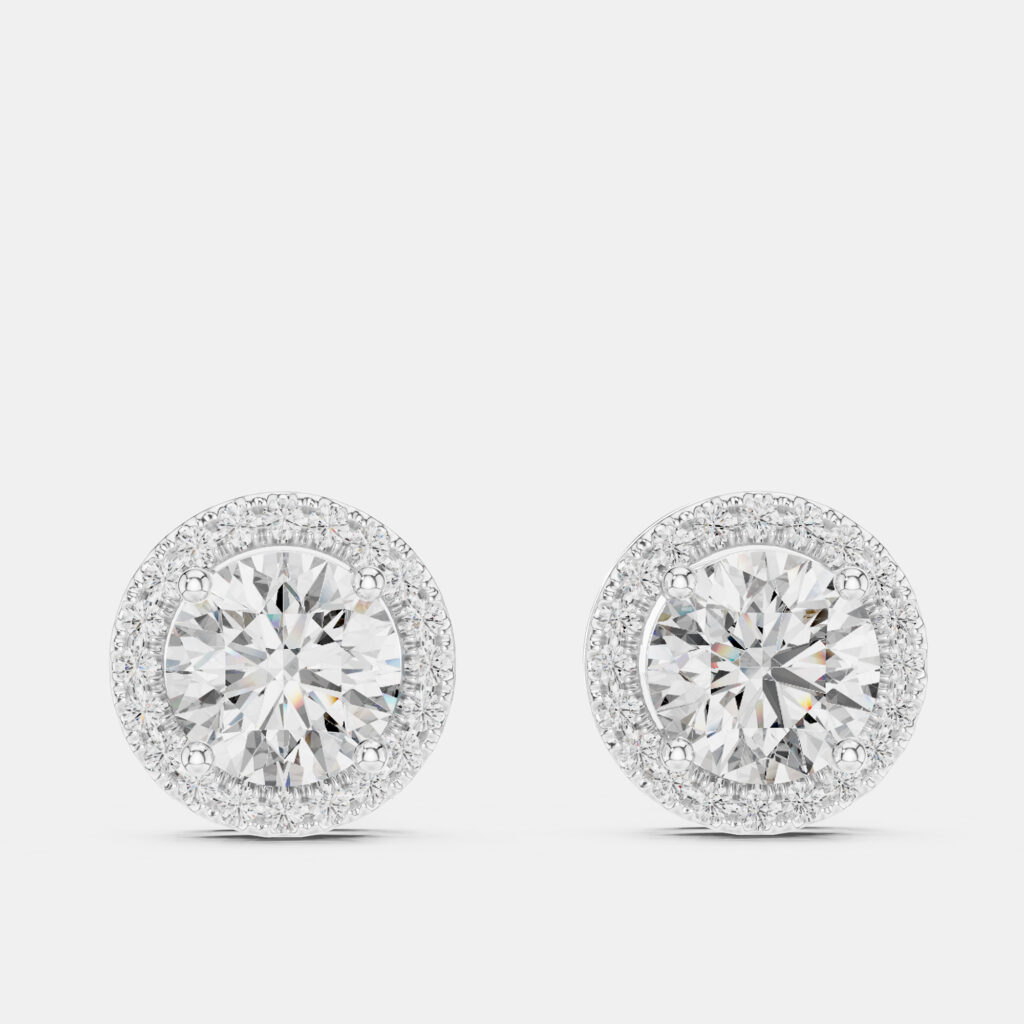 2.4 cts Round 18k White Gold Solitaire Lab Grown Diamond Single Halo Earrings 2.4 cts Round 18k White Gold Solitaire Lab Grown Diamond Single Halo Earrings
