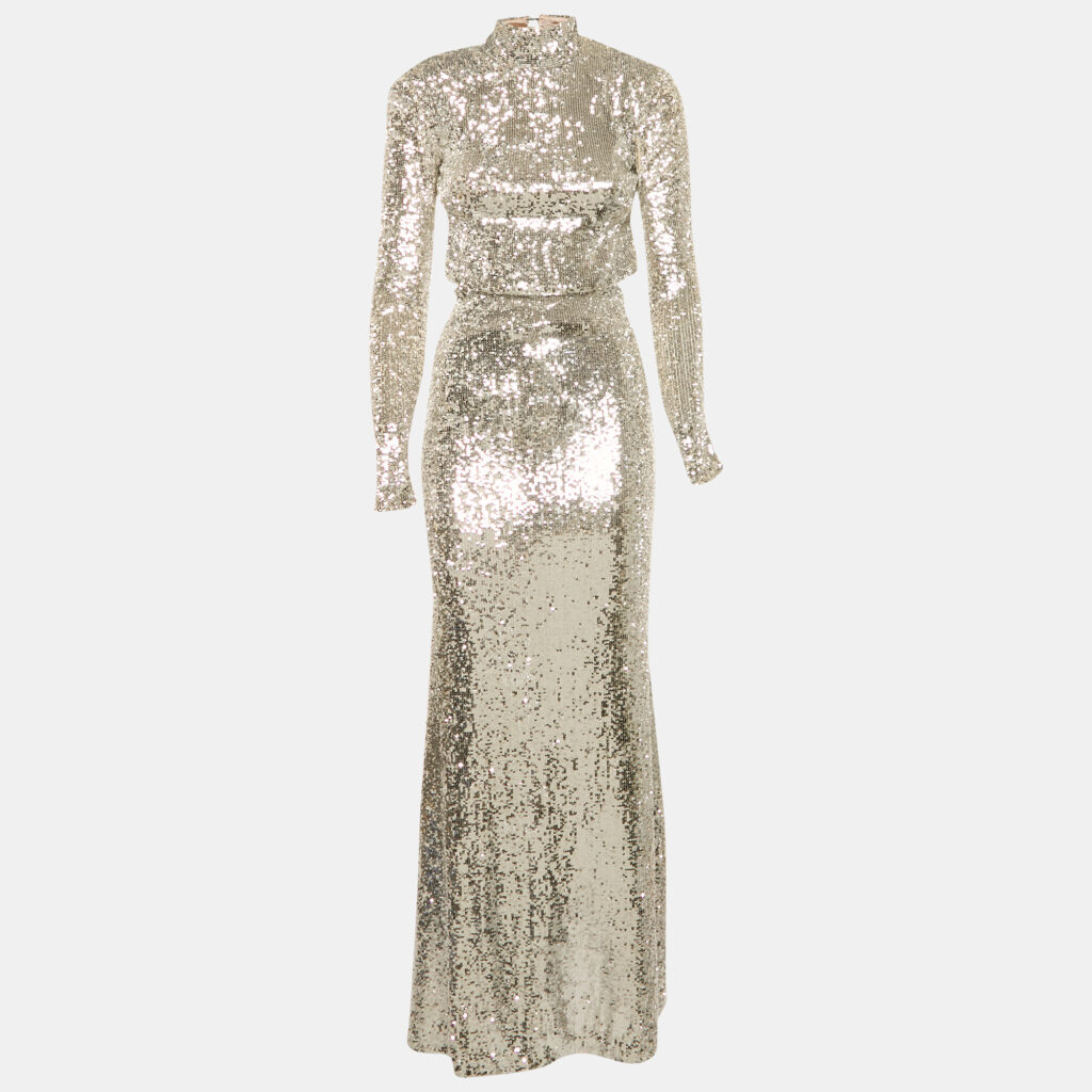 The New Arrivals By Ilkyaz Ozel Silver Sequin Embellished Mesh Maxi Dress M