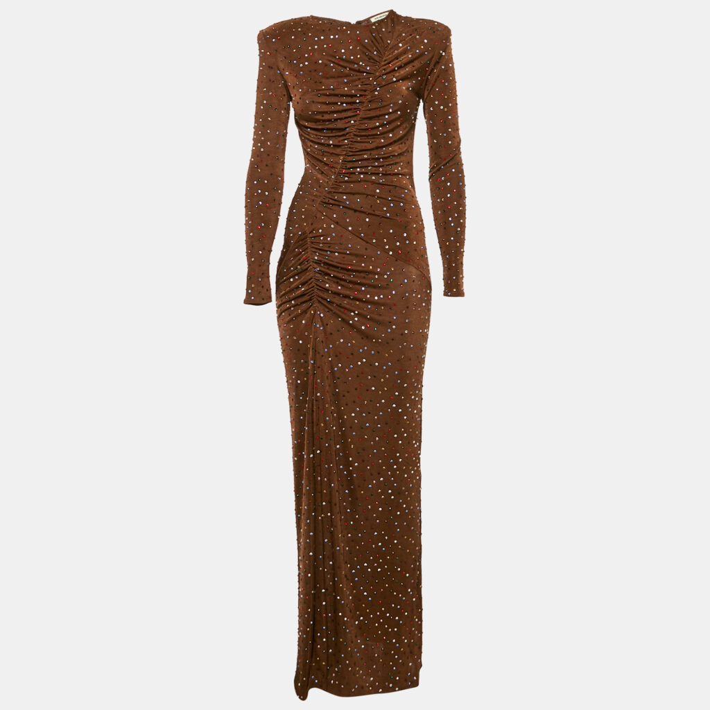 The New Arrivals By Ilkyaz Ozel Brown Jersey Rhinestone Detail Ruche Maxi Dress XS