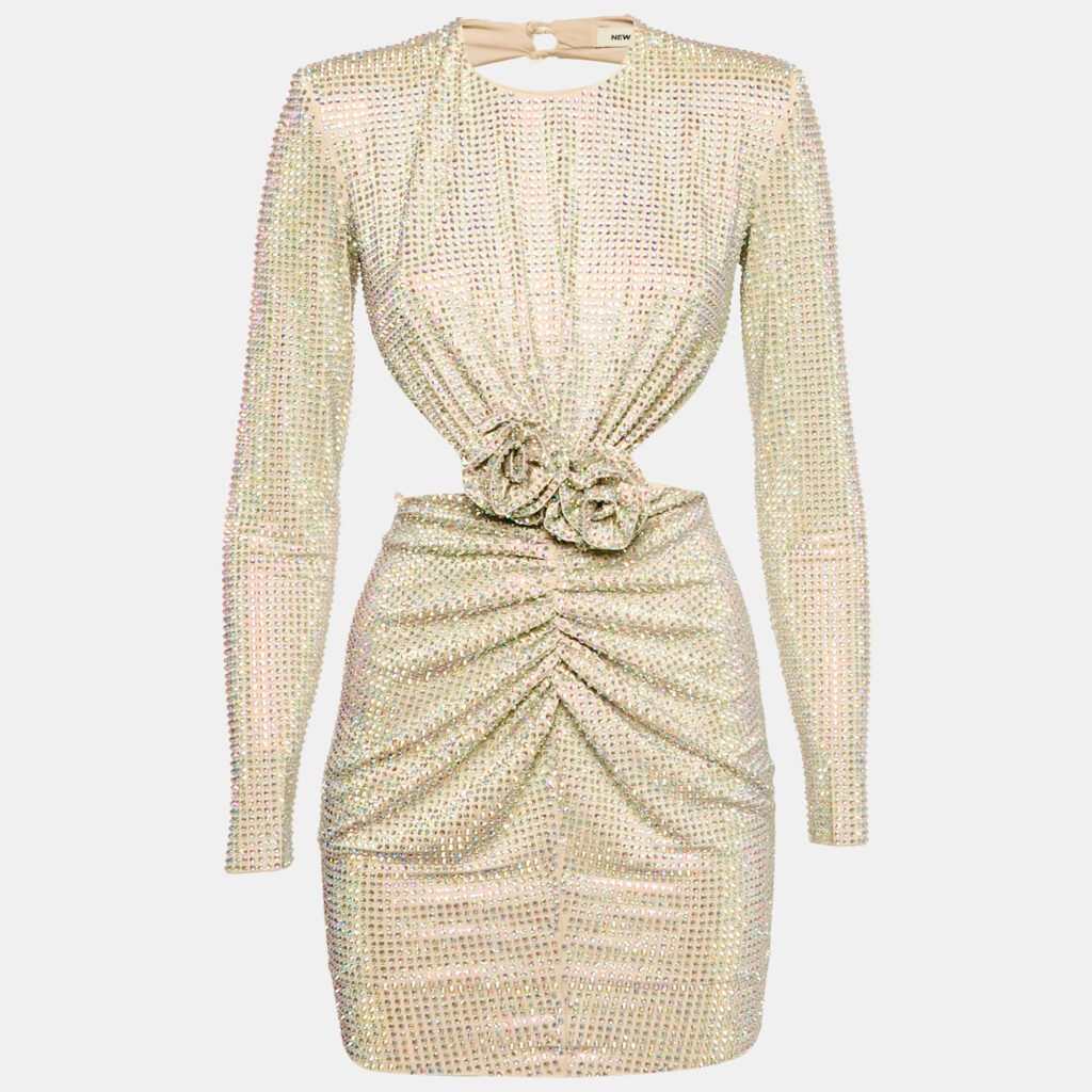 The New Arrivals By Ilkyaz Ozel Beige Crystal Embellished Open Back Mini Dress XS