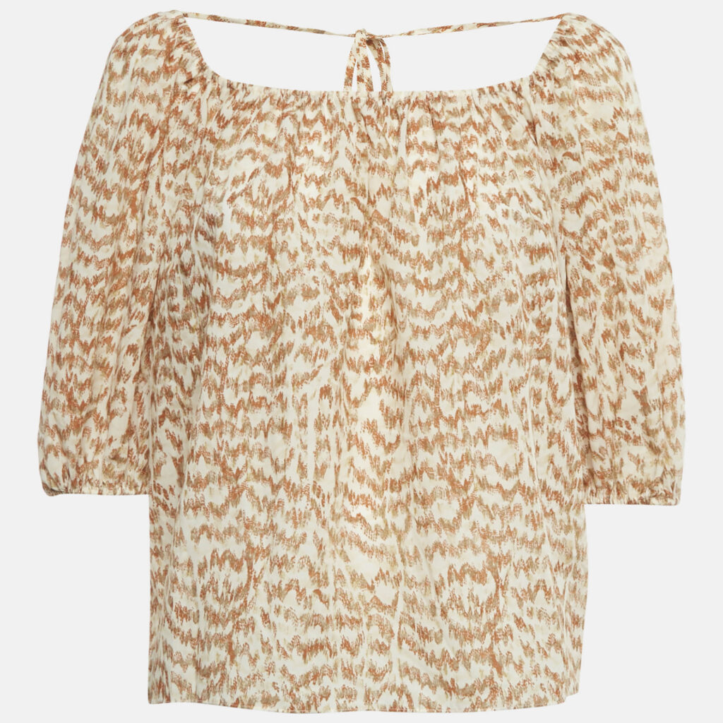 Theory Brown Desert Lawn Print Crepe SS Scoop Tie Top S Theory Brown Desert Lawn Print Crepe SS Scoop Tie Top S