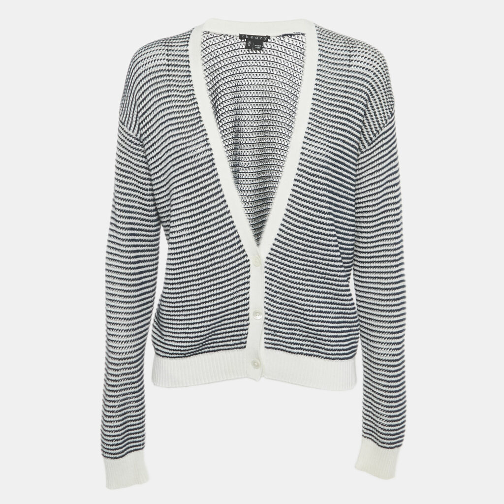 Theory Navy Blue/White Striped Knit Cardigan M Theory Navy Blue/White Striped Knit Cardigan M