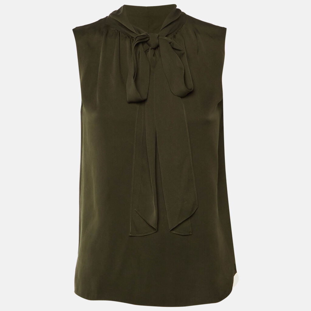 Theory Olive Green Silk Tie Neck Sleeveless Top S Theory Olive Green Silk Tie Neck Sleeveless Top S