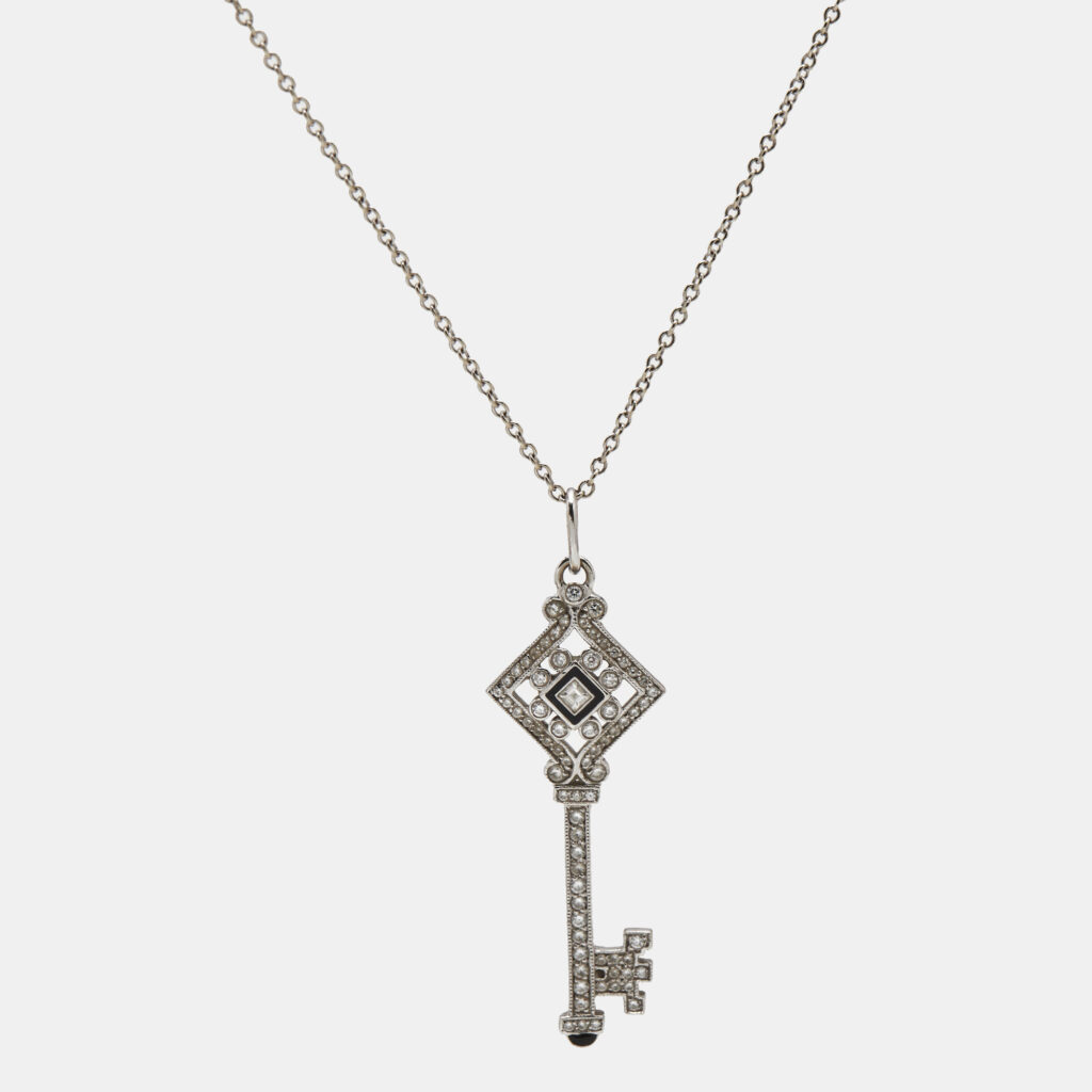 Tiffany & Co. Diamond Black Enamel 18k White Gold Key Pendant Necklace Tiffany & Co. Diamond Black Enamel 18k White Gold Key Pendant Necklace