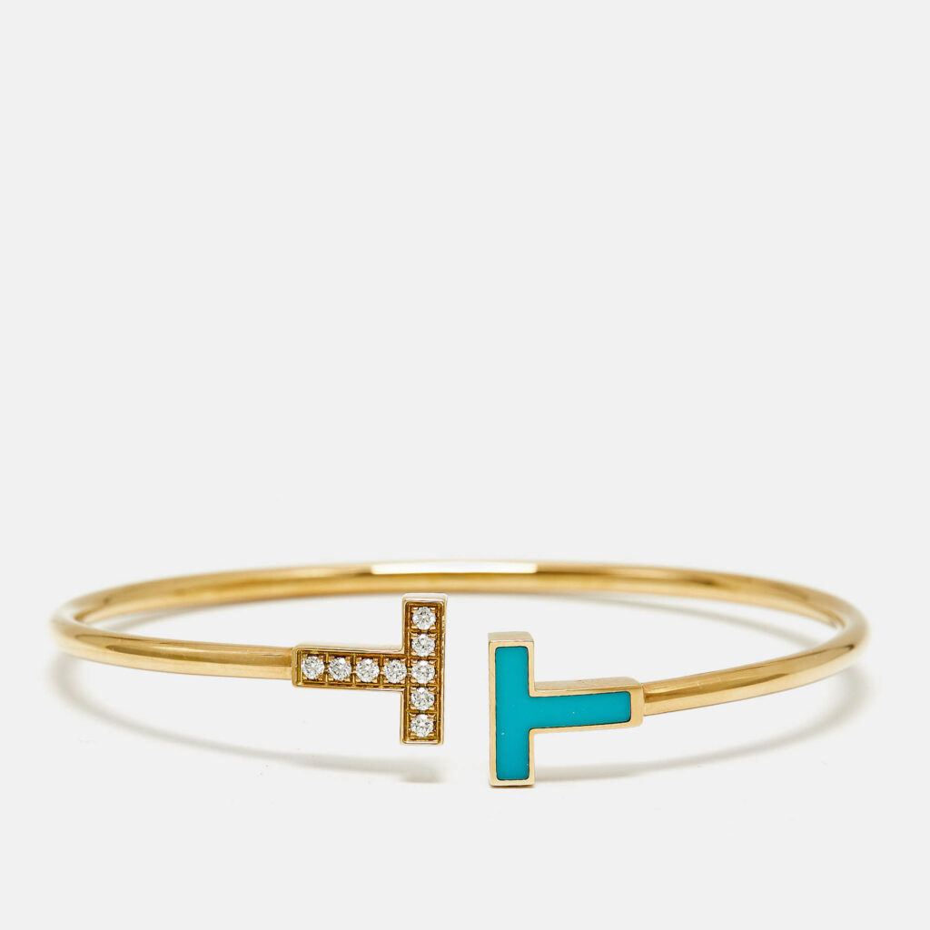 luxury-women-tiffany-co-used-fine-jewelry-p1222794-002-1.jpg Tiffany & Co. Tiffany T Wire Turquoise Diamonds 18k Yellow Gold Bracelet