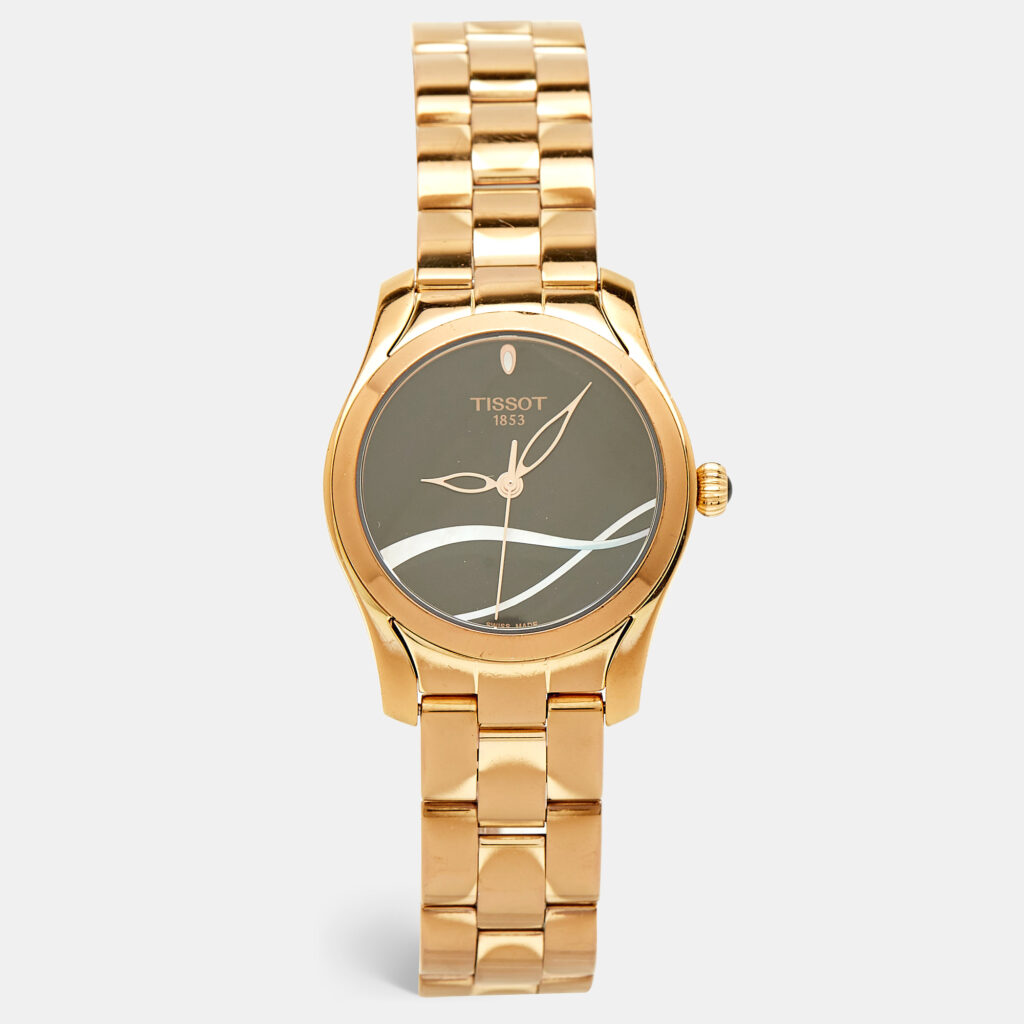 Tissot Black and Mother of Pearl Rose Gold Stainless Steel T-Wave T112.210.33.051.00 Women's Wristwatch 30 mm Tissot Black and Mother of Pearl Rose Gold Stainless Steel T-Wave T112.210.33.051.00 Women's Wristwatch 30 mm