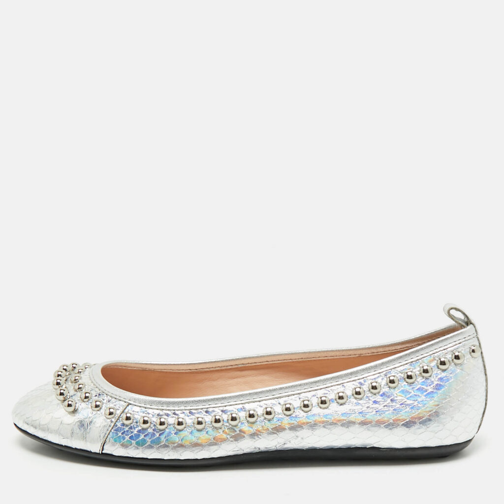 Tod's Silver Python Embossed Leather Studded Ballet Flats Size 35.5 Tod's Silver Python Embossed Leather Studded Ballet Flats Size 35.5