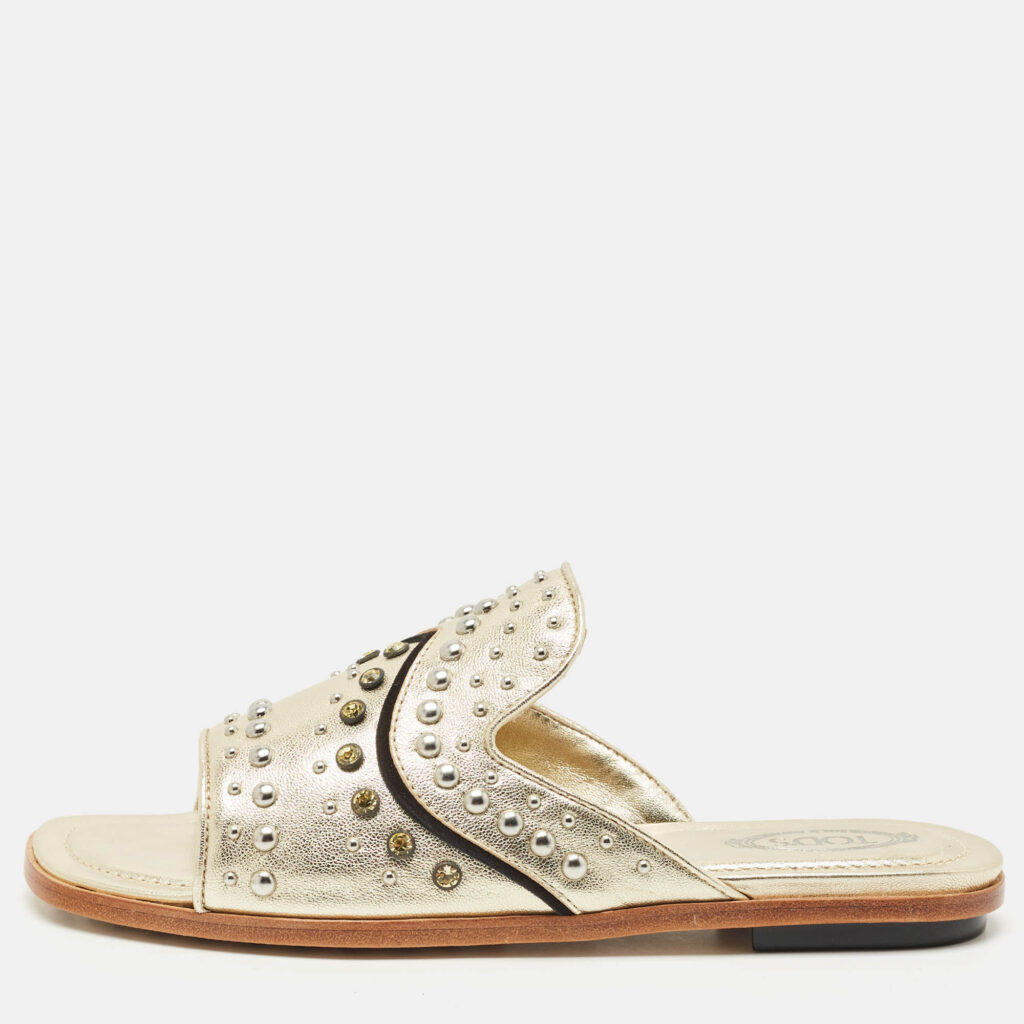 Tod's Gold Leather Studded Embellished Flat Slides Size 37.5 Tod's Gold Leather Studded Embellished Flat Slides Size 37.5