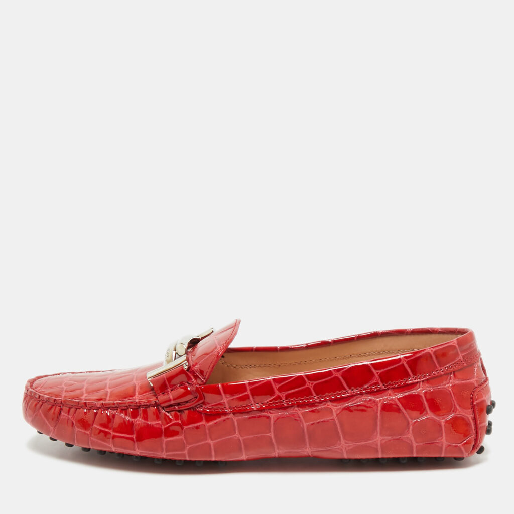 Tod's Red Croc Embossed Patent Leather Double T Loafers Size 41 Tod's Red Croc Embossed Patent Leather Double T Loafers Size 41