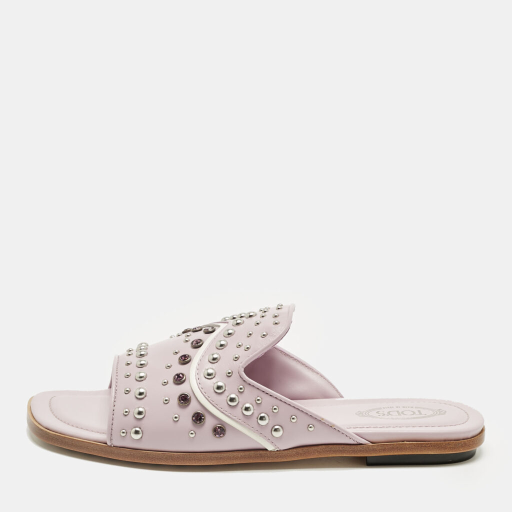 luxury-women-tods-new-shoes-p1229920-001.jpg Tod's Lilac Leather Crystal Embellished Flat Slides Size 37.5