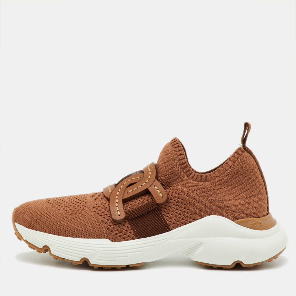 Tod's Brown Knit Fabric Chain Detail Kate Slip On Sneakers Size 37 Tod's Brown Knit Fabric Chain Detail Kate Slip On Sneakers Size 37