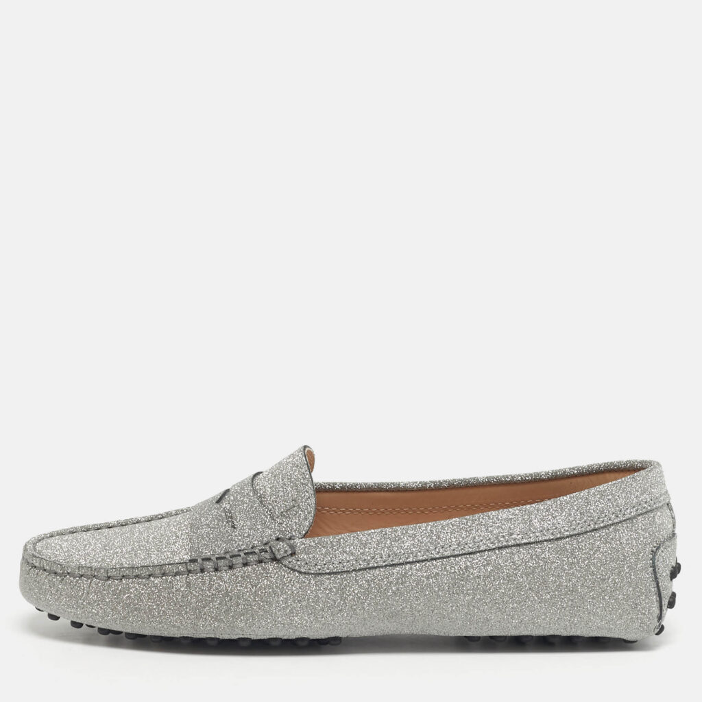 Tod's Silver Glitter Leather Gommini Driver Loafers Size 39 Tod's Silver Glitter Leather Gommini Driver Loafers Size 39