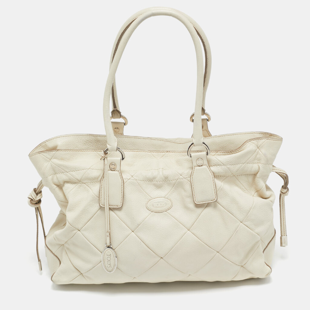 Tod's Off White Quilted Leather Drawstring Satchel