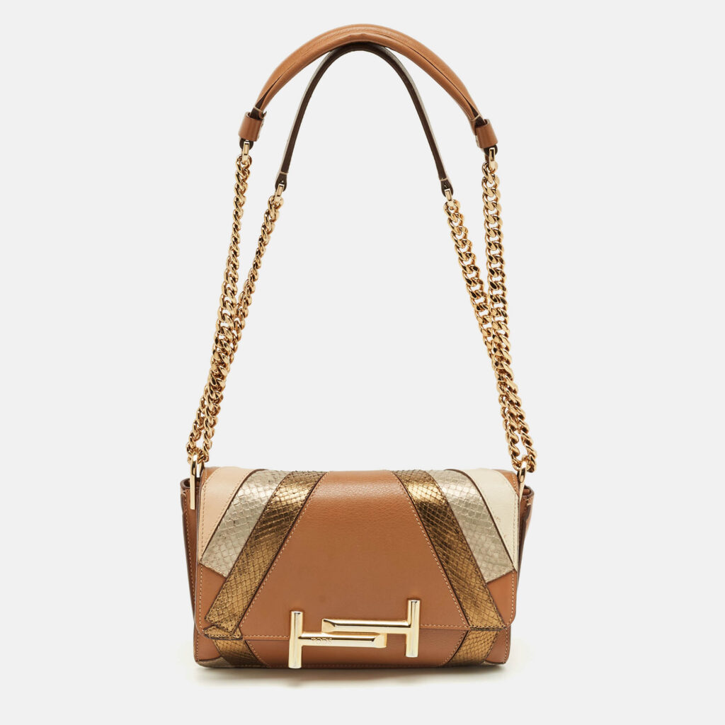 Tod's Brown/Multicolor Leather and Python Mini Double T Shoulder Bag Tod's Brown/Multicolor Leather and Python Mini Double T Shoulder Bag