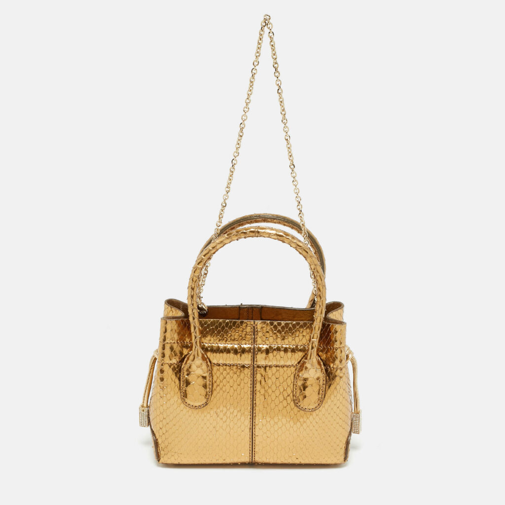 Tod's Gold Snakeskin Mini Crystal Embellished Drawstring Tote Tod's Gold Snakeskin Mini Crystal Embellished Drawstring Tote