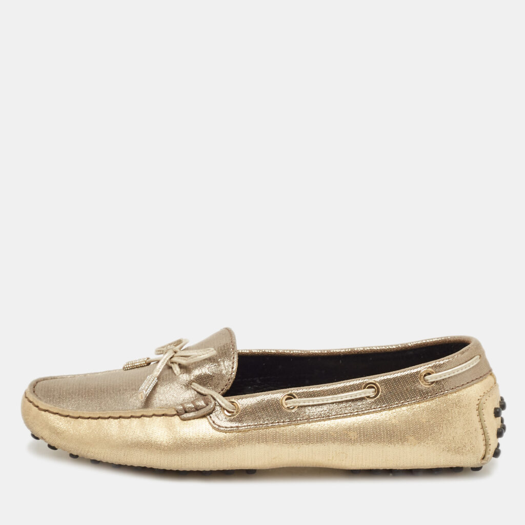 Tod's Grey/Gold Textured Suede Bow Slip On Loafers Size 38 Tod's Grey/Gold Textured Suede Bow Slip On Loafers Size 38