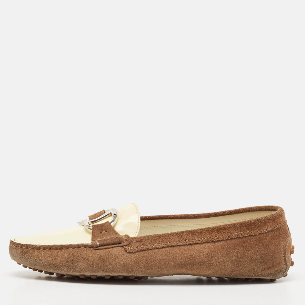Tod's Brown/Cream Suede and Patent Leather Slip On Loafers Size 40 Tod's Brown/Cream Suede and Patent Leather Slip On Loafers Size 40