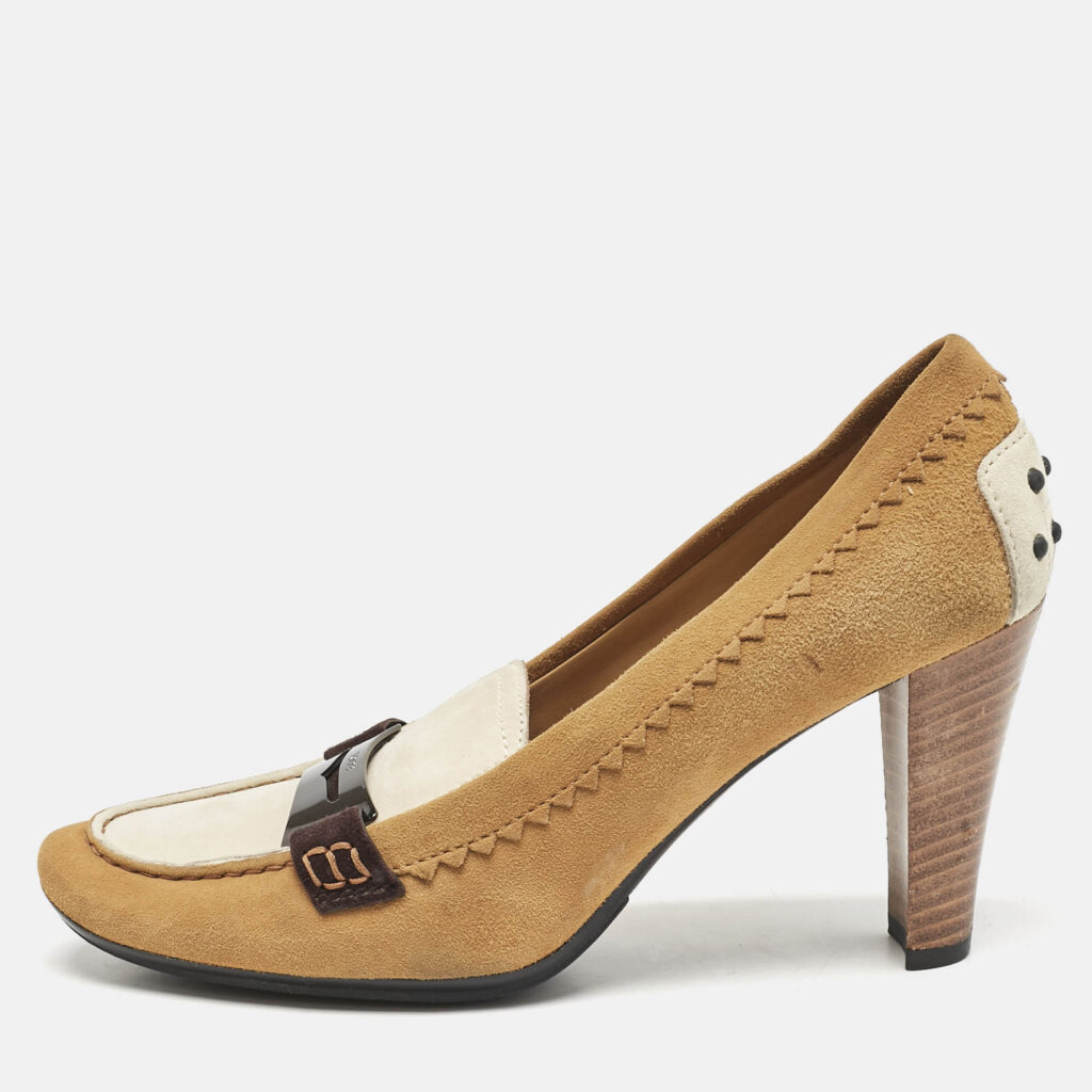 Tod's Brown/White Suede Penny Loafer Pumps Size 38