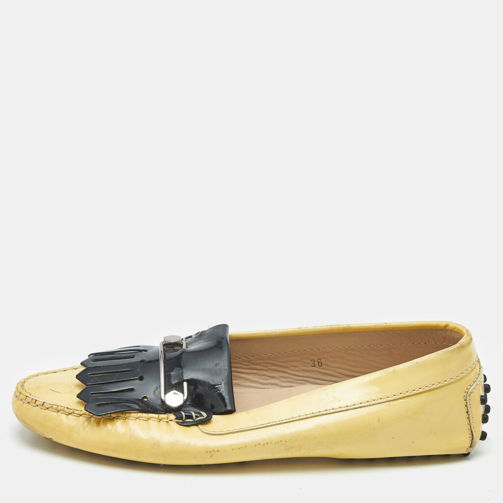 Tod's Yellow/Black Patent Leather Pin Fringe Loafers Size 38 Tod's Yellow/Black Patent Leather Pin Fringe Loafers Size 38
