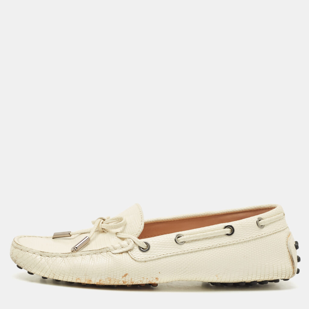 luxury-women-tods-used-shoes-p1178162-002-1.jpg Tod's Cream Lizard Embossed Leather Bow Slip On Loafers Size 37.5