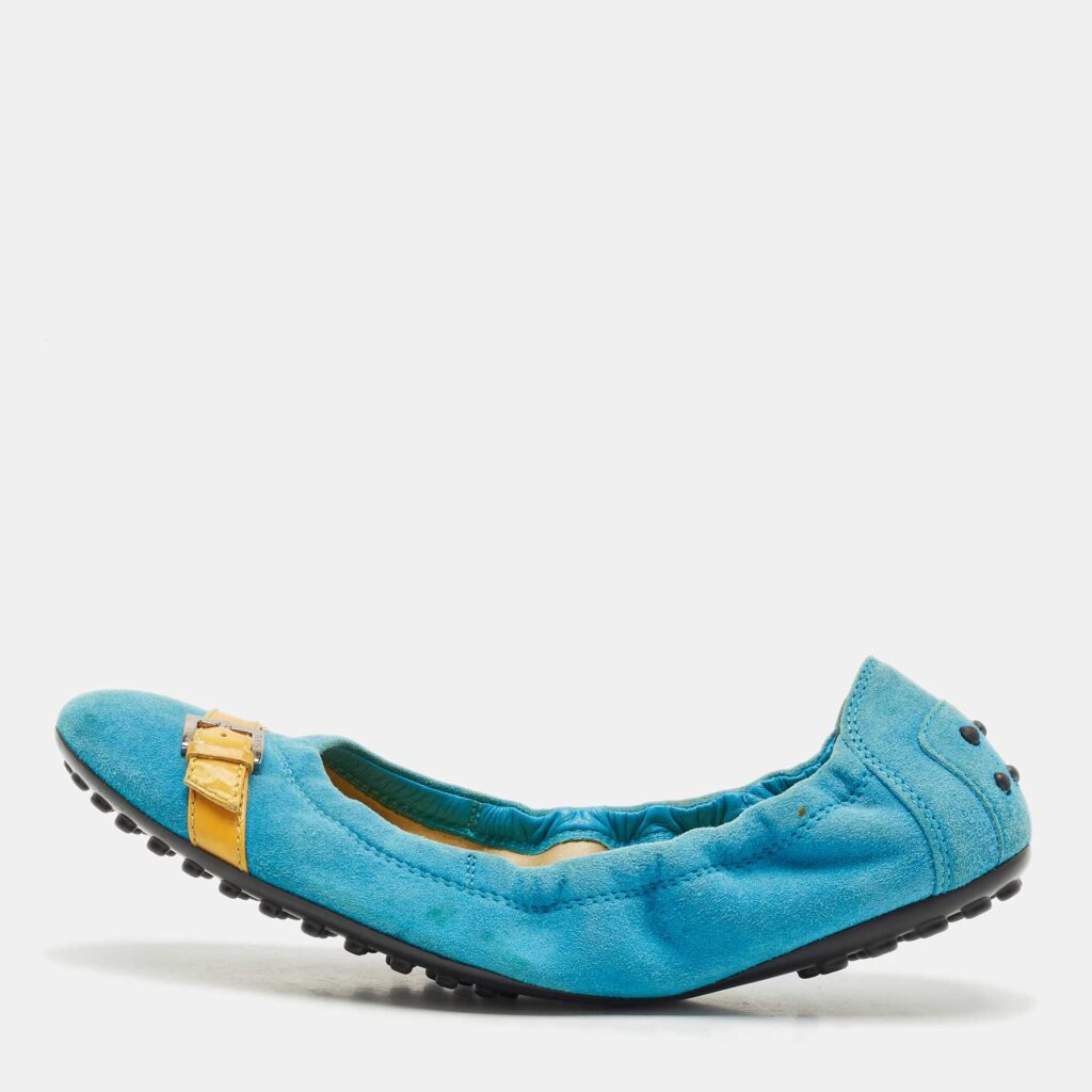 Tod's Blue/Yellow Suede and Patent Leather Trim Buckle Detail Scrunch Ballet Flats Size 36 Tod's Blue/Yellow Suede and Patent Leather Trim Buckle Detail Scrunch Ballet Flats Size 36