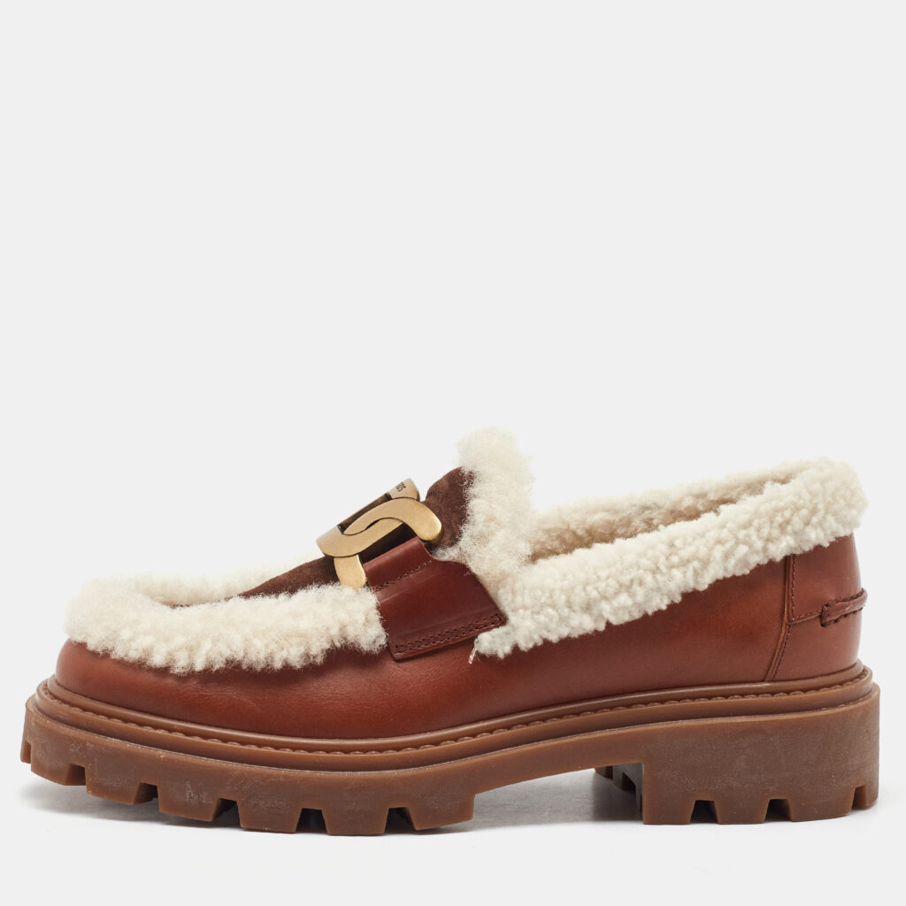 Tod's Brown/Off White Leather and Shearling Fur Kate Slip On Loafers Size 36.5 Tod's Brown/Off White Leather and Shearling Fur Kate Slip On Loafers Size 36.5
