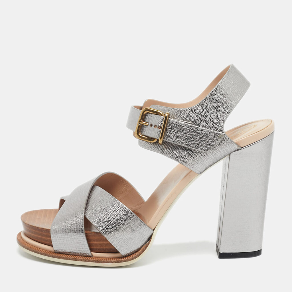Tod's Silver Leather Ankle Strap Platform Sandals Size 40