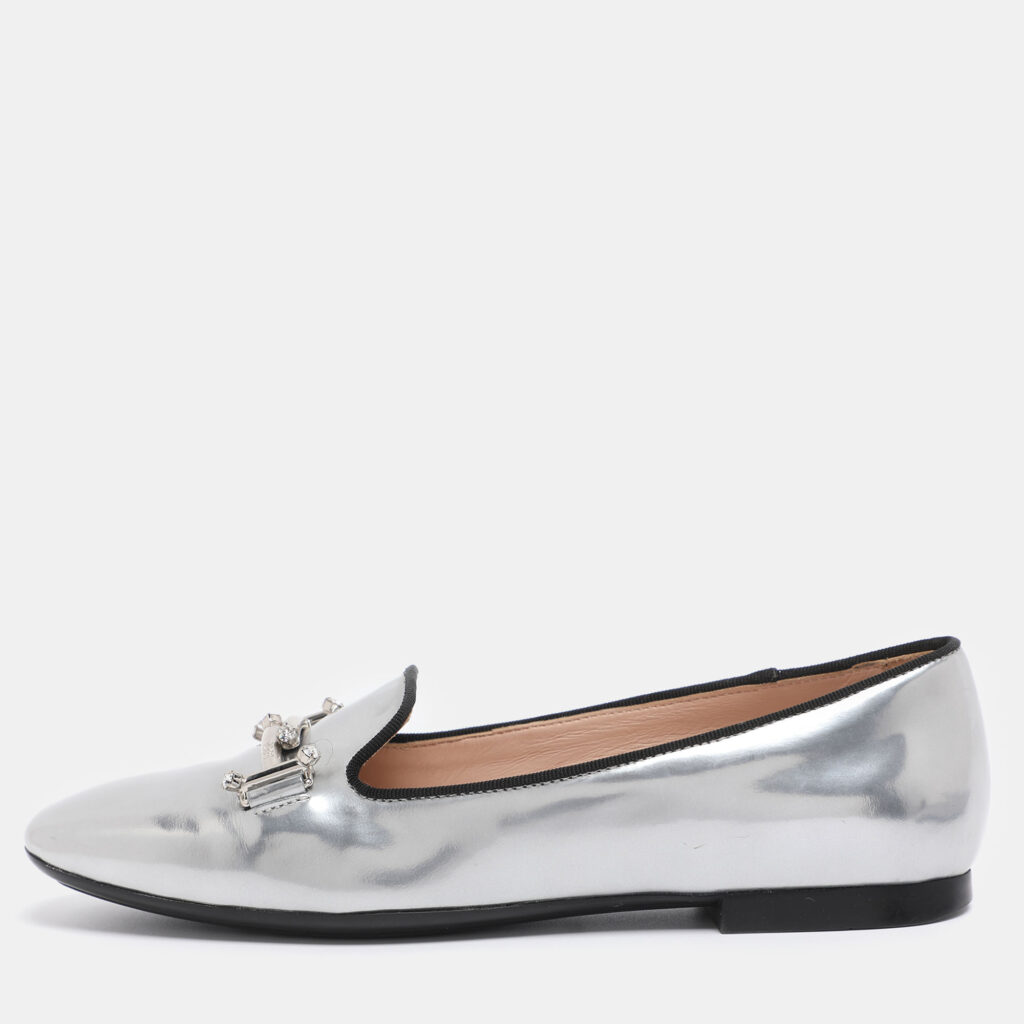 Tod's Silver Leather Double T-Smoking Slippers Size 35.5