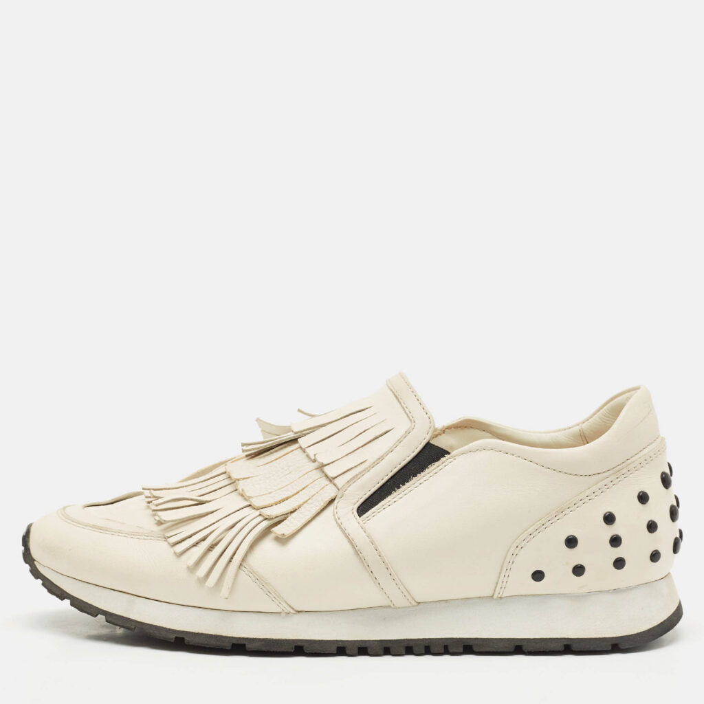 Tod's Cream Leather Fringe Slip On Sneakers Size 38.5 Tod's Cream Leather Fringe Slip On Sneakers Size 38.5