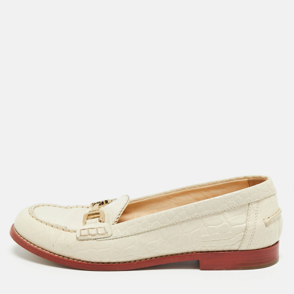 Tod's Cream Croc Embossed Leather Slip On Loafers Size 40