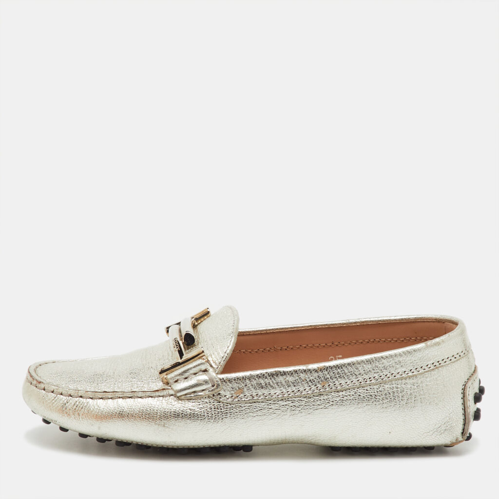 Tod's Silver Leather Double T Slip On Loafers Size 35