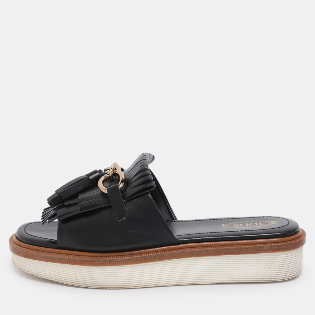 Tod's Black Leather Tassel Fringe Detail Platform Slide Sandals Size 38 Tod's Black Leather Tassel Fringe Detail Platform Slide Sandals Size 38