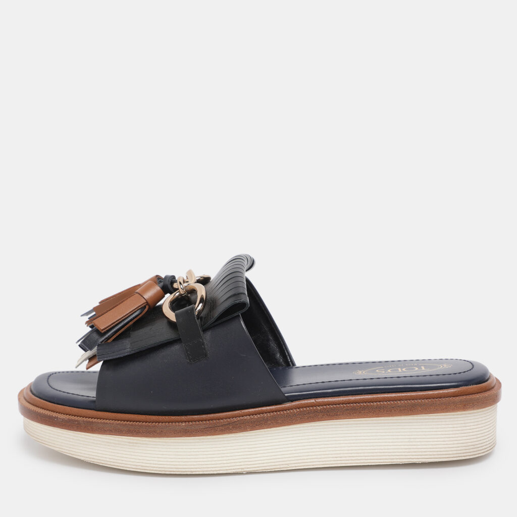 Tod's Navy Blue Leather Tassel Fringe Detail Platform Slide Sandals Size 36 Tod's Navy Blue Leather Tassel Fringe Detail Platform Slide Sandals Size 36