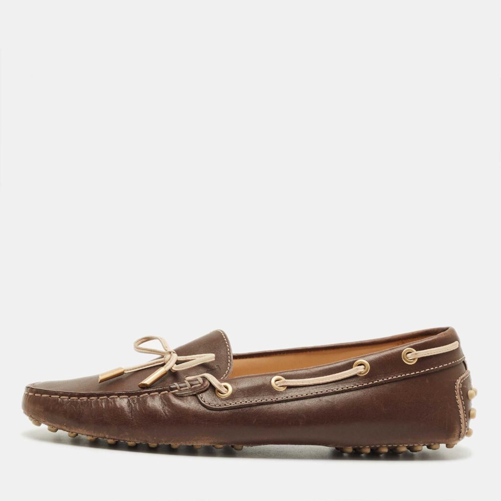luxury-women-tods-used-shoes-p1216798-001.jpg Tod's Brown Leather Bow Slip On Loafers Size 40