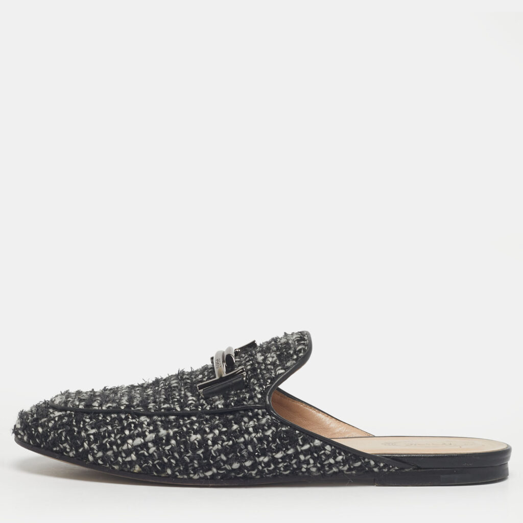 Tod's Black Tweed Double T Flat Mules Size 37 Tod's Black Tweed Double T Flat Mules Size 37