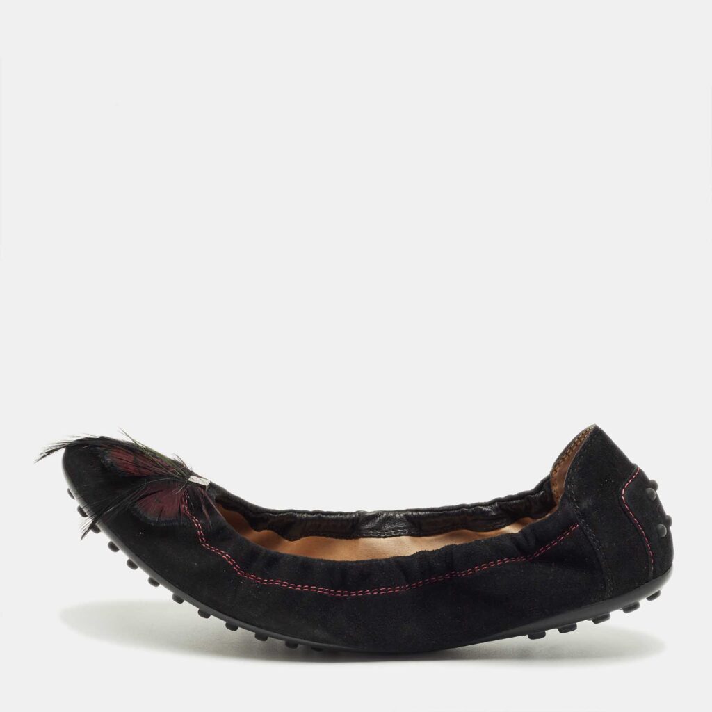 luxury-women-tods-used-shoes-p1222331-001-1.jpg Tod's Black Suede Scrunch Feather Embellish Ballet Flats Size 39