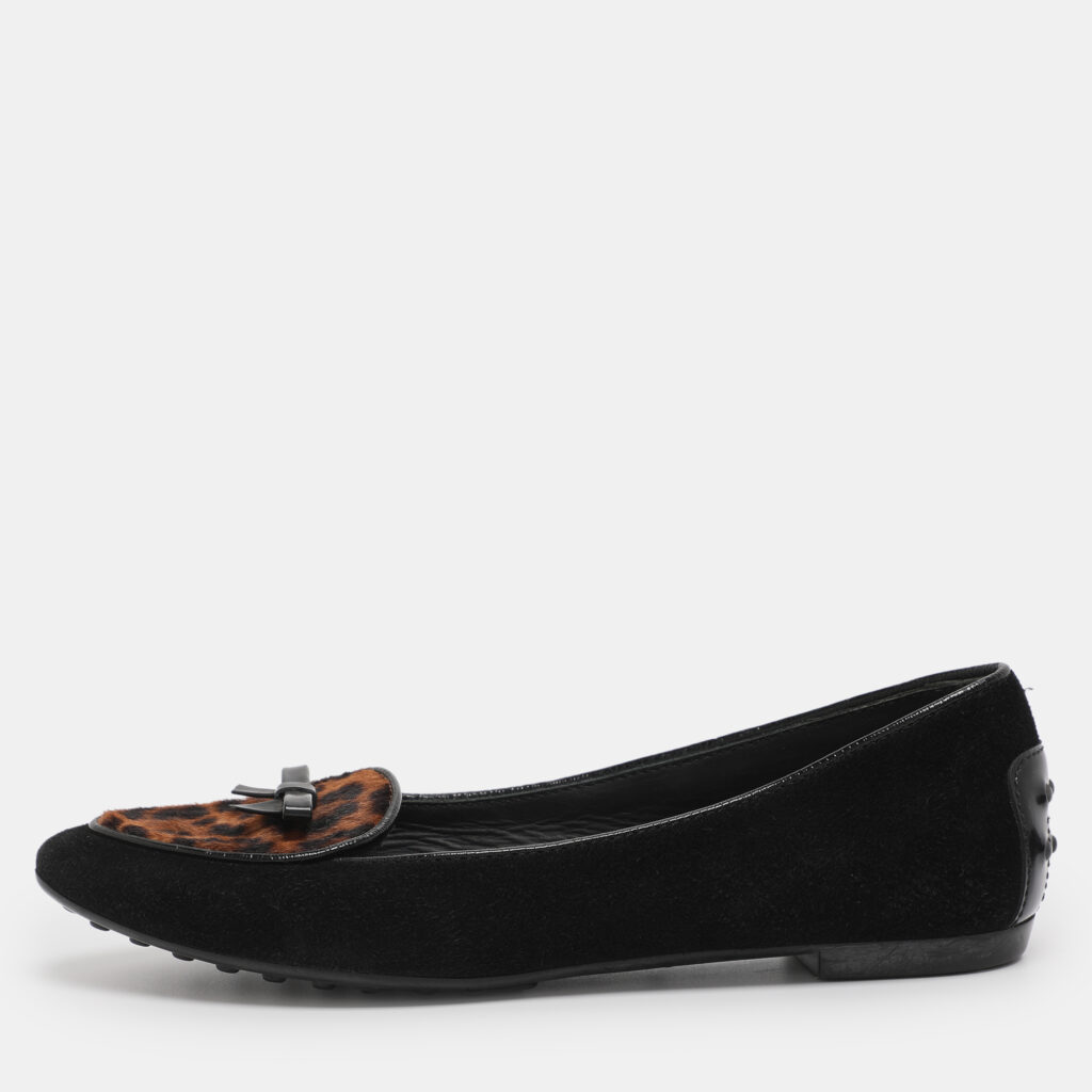 luxury-women-tods-used-shoes-p1228768-001-1.jpg Tod's Black Leopard Print Calf Hair and Suede Bow Ballet Flats Size 36