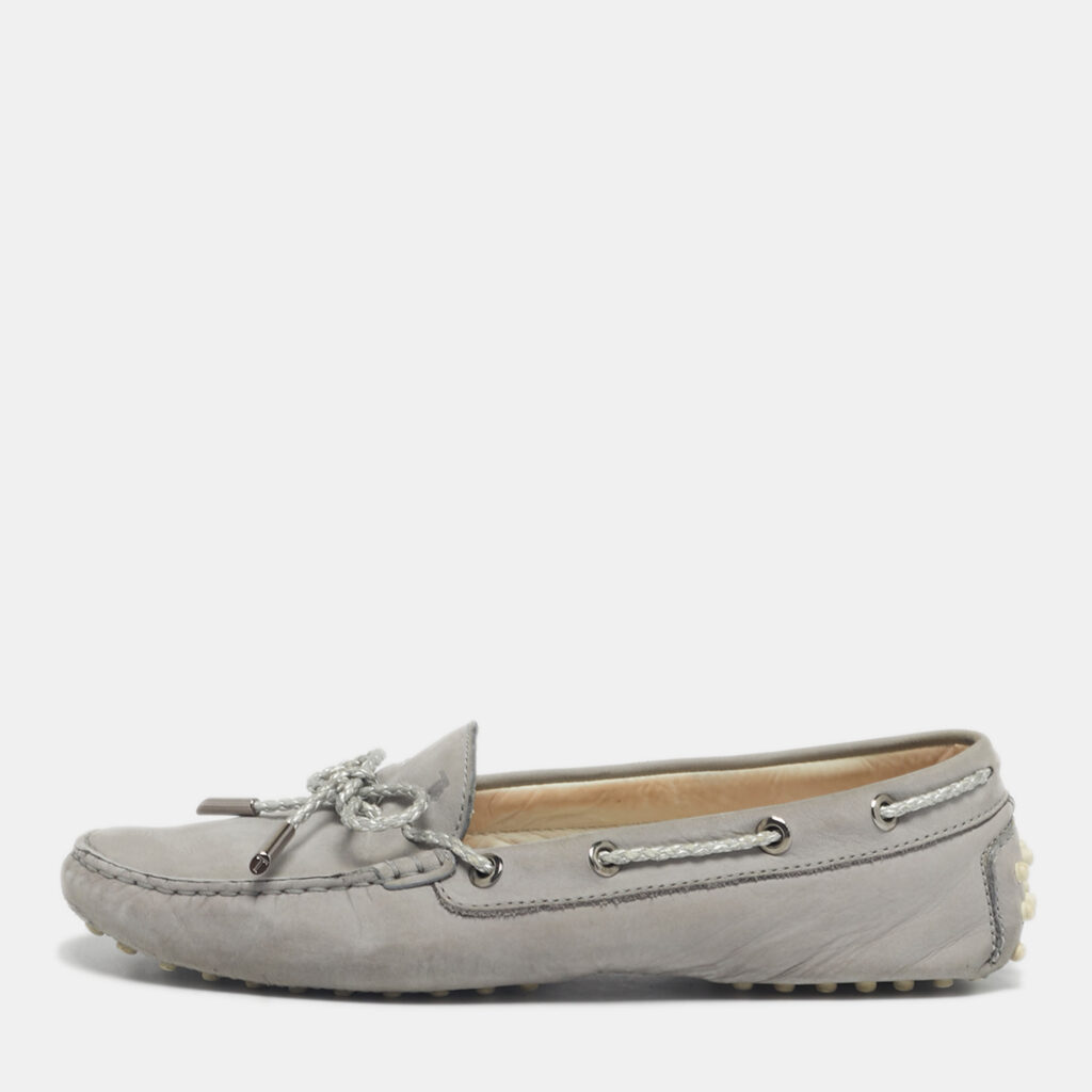 Tod's Grey Nubuck Leather Gommino Bow Loafers Size 38.5 Tod's Grey Nubuck Leather Gommino Bow Loafers Size 38.5