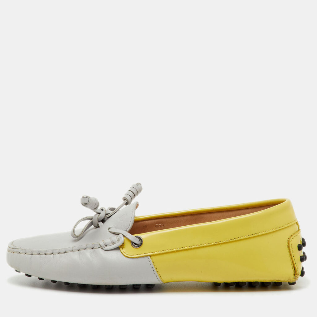 Tod's Yellow/Grey Leather and Patent Bow Slip On Loafers Size 36 Tod's Yellow/Grey Leather and Patent Bow Slip On Loafers Size 36