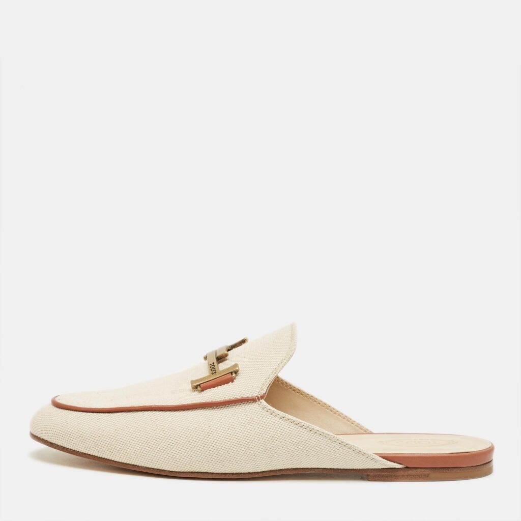 luxury-women-tods-used-shoes-p1239871-001.jpg Tod's Beige/Brown Canvas and Leather Double T Flat Mules Size 42