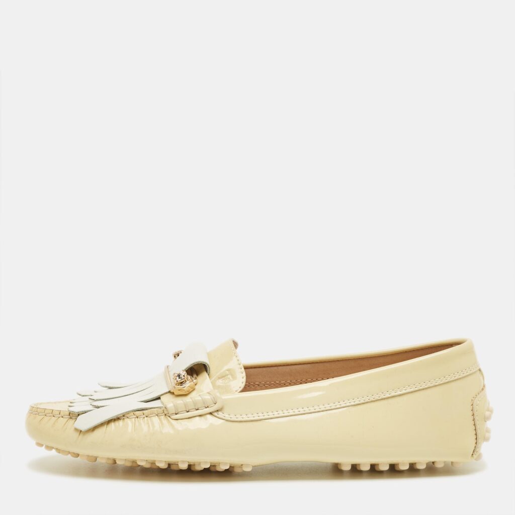 Tod's Beige/White Patent Leather Buckle Detail Fringe Loafers Size 39 Tod's Beige/White Patent Leather Buckle Detail Fringe Loafers Size 39