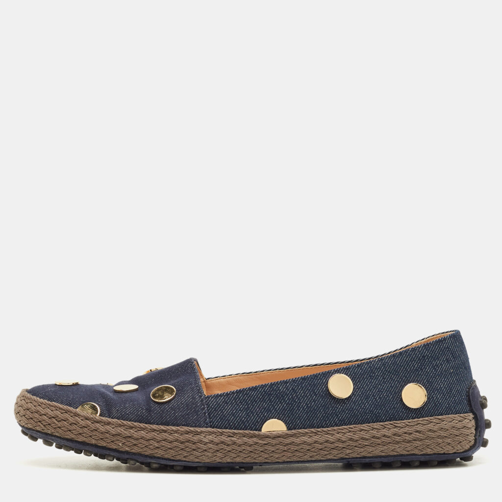 luxury-women-tods-used-shoes-p1242029-001-1.jpg Tod's Navy Blue Denim Studded Espadrille Ballet Flats Size 38.5